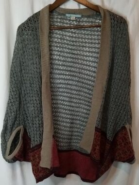 Moonlight Open Weave Green Gray Cardigan Rust Print Baggy Small Office Autumn